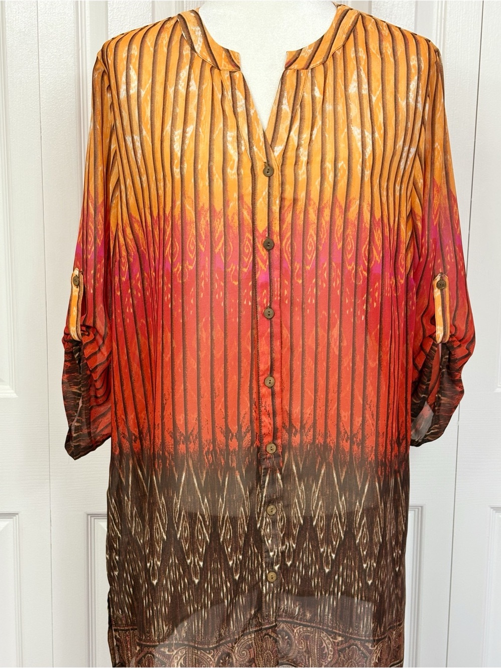 Chico's Orange, Red & Brown Ombre Stripe Boho Sheer Tunic Blouse Large